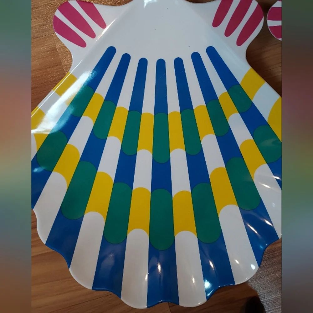 Blue Stripe Taipro Sea Shell Melamine Picnic Platters Plates Beach Set Of 4 Vtg